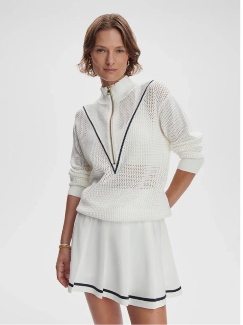 Varley "Calva" Knit Sweatshirt White Ivory Navy Half Zip Cotton Pullover - NWOT - Picture 5 of 12